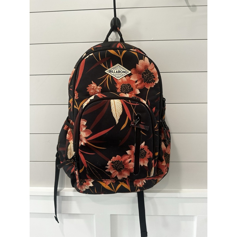 Billabong Roadie Black & Orange Tropical Floral Print Large Backpack 18"